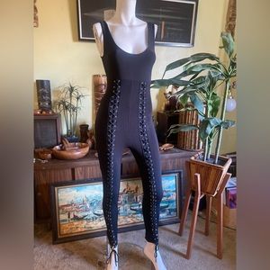 Ladies punk rock goth lace up grommet jumpsuit sexy catsuit’s pants club night